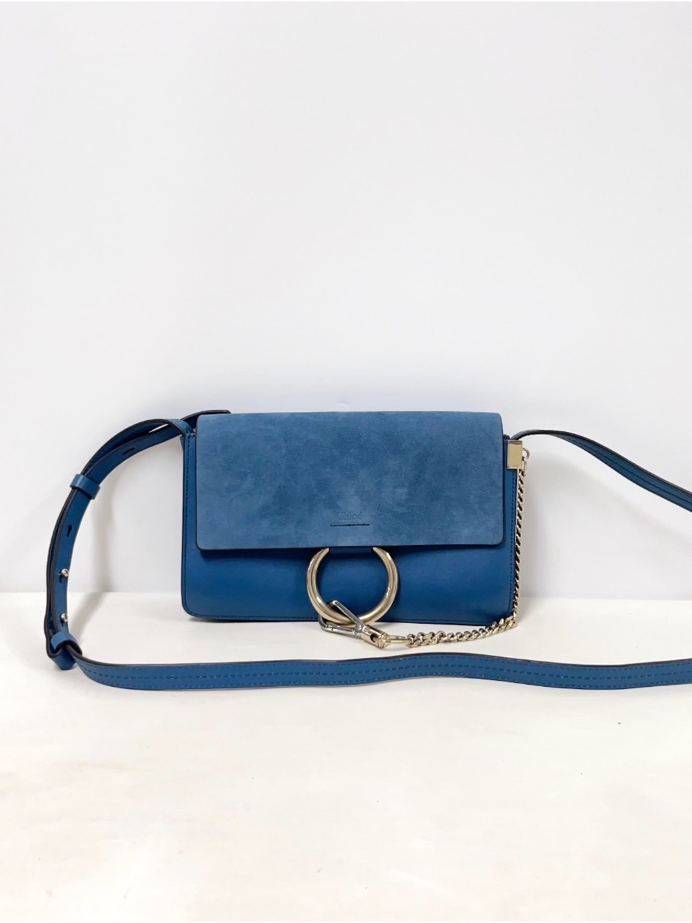 Chloe Blue Suede and Leather Crossbody with Signature Ring